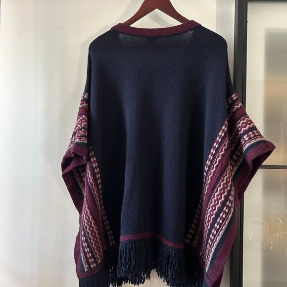 Club Monaco Knit Fair Isle Print Tassel Hem Poncho Sweater Blue Size M - Picture 2 of 4